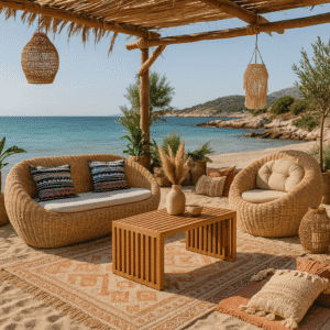 Καναπές διθέσιος APPLE LS από φυσικό Rattan με μαξιλάρι