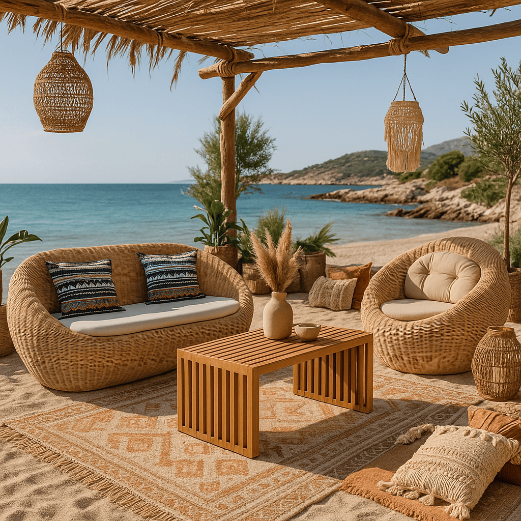 Καναπές διθέσιος APPLE LS από φυσικό Rattan με μαξιλάρι