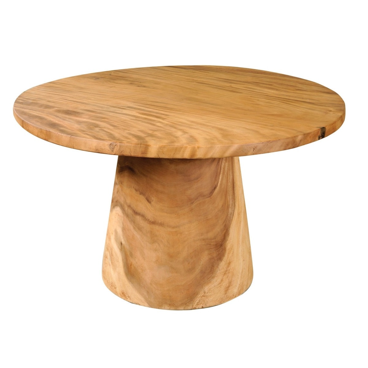 Τραπέζι ροτόντα Primitive από μασίφ ξύλο Suar. Μία ροτόντα Primitive από μασίφ ξύλο Suar είναι ένα ιδιαίτερο και ανθεκτικό έπιπλο με ξεχωριστό, φυσικό χαρακτήρα. Κατασκευάζεται από μασίφ ξύλο Suar, ένα τροπικό σκληρό ξύλο που φημίζεται για την αντοχή και τη στιβαρότητά του. Το στυλ "Primitive" ή "Rustic" αναδεικνύει τη φυσική ομορφιά του ξύλου. Συχνά, η επιφάνεια του τραπεζιού διατηρεί το φυσικό σχήμα του κορμού του δέντρου (tree trunk slab), με τους ιδιαίτερους χρωματισμούς και τα εντυπωσιακά νερά του ξύλου Suar. Το ξύλο Suar έχει μια φυσική ομορφιά, συνήθως με κίτρινες ή καφέ αποχρώσεις. Μπορεί να χρησιμοποιηθεί τόσο σε εσωτερικούς όσο και σε εξωτερικούς χώρους, όπως βεράντες ή κήπους, αρκεί να έχει την κατάλληλη επεξεργασία για τις καιρικές συνθήκες. Λόγω του μοναδικού του χαρακτήρα, μπορεί να συνδυαστεί εύκολα με διαφορετικά στυλ διακόσμησης, όπως μοντέρνο, ρουστίκ ή έθνικ.