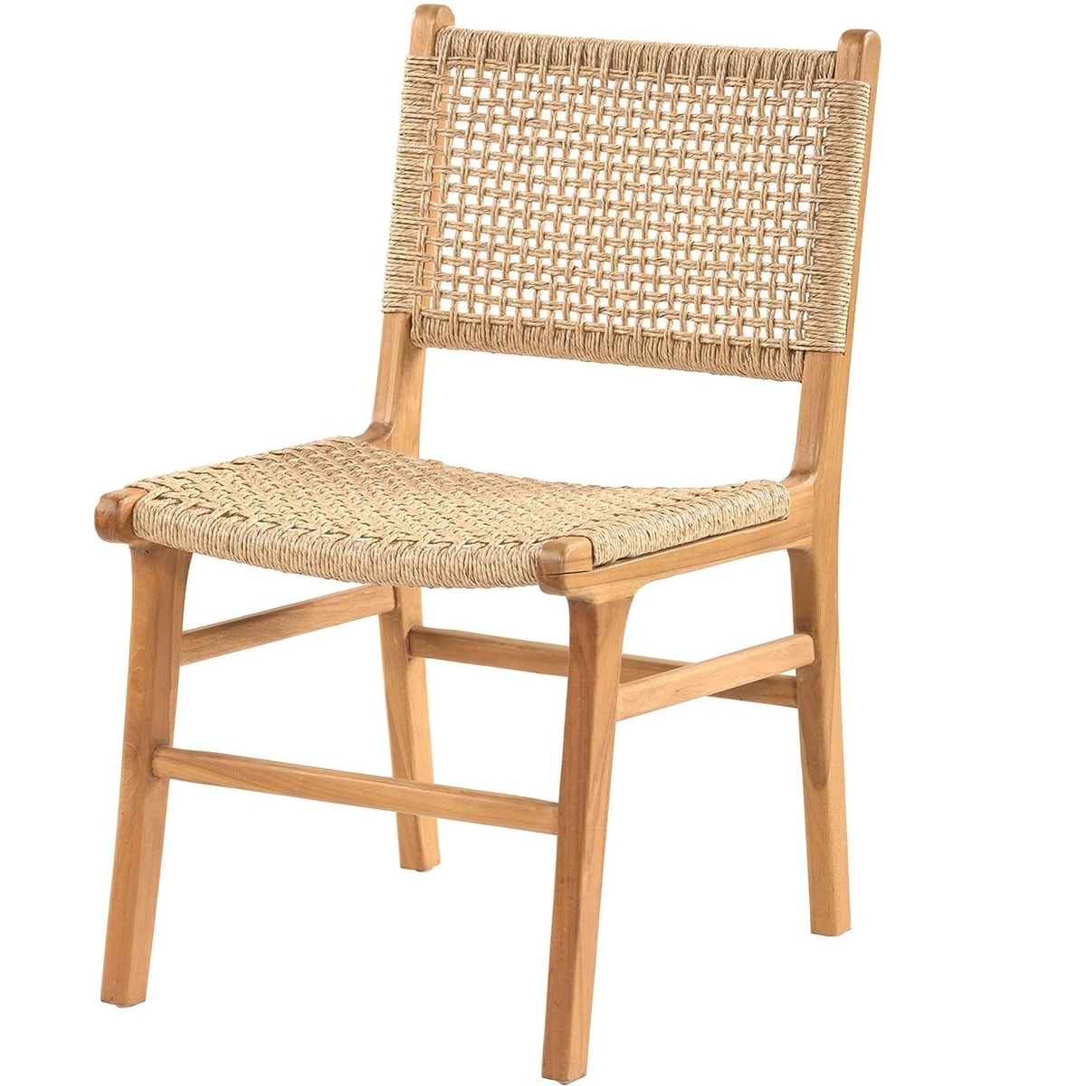 Καρέκλα από ξύλο teak και synthetic Rattan και abaca της εταιρείας VIRO. Σε πλάτη και κάθισμα. Κατάλληλη για εξωτερικό και εσωτερικό χώρο. Διάσταση προϊόντος: 50X54X85H.