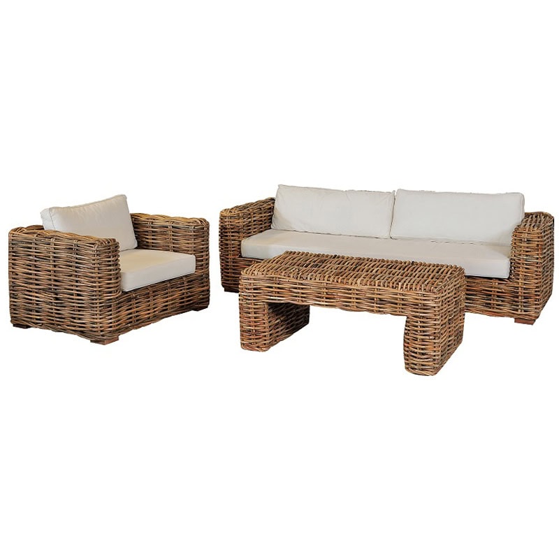 Σετ Σαλόνι κήπου από Rattan set 4 τμχ αποτελείται από έναν καναπέ, δύο πολυθρόνες και ένα τραπεζάκι. Διάσταση προϊόντων: Καναπές: 220Χ85Χ65Η / 240Χ100Χ65Η Πολυθρόνες: 100Χ85Χ65Η / 110X100X65H Τραπέζι: 122Χ70Χ45Η