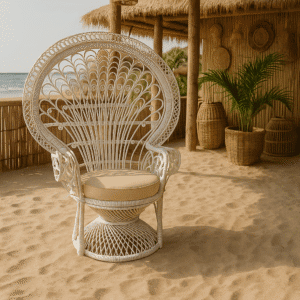 Πολυθρόνα Peacock με μαξιλάρι απο φυσικό Rattan σε λευκή απόχρωση - 30446 W/W