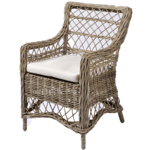 Καρέκλα ALEXANDER σε εκρού απόχρωση από φυσικό Rattan Kubu Grey με λευκό μαξιλάρι. Διάσταση προϊόντος : 58X40X92H / Μαξιλάρι 46X48X5H