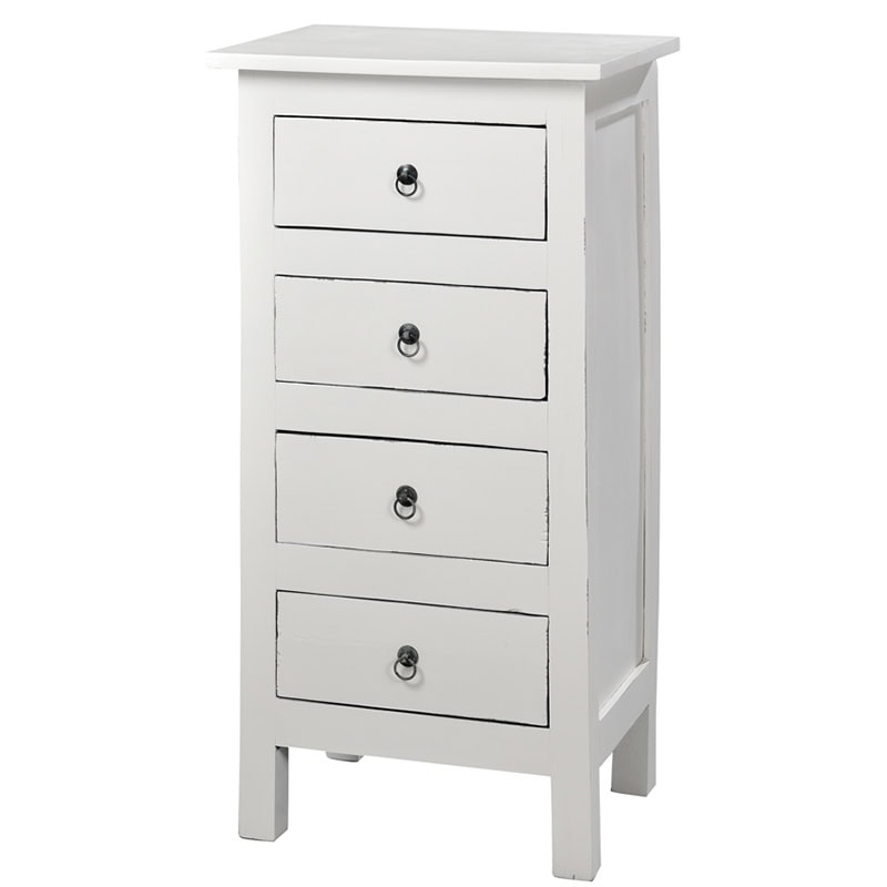 Κομοδίνο από μαόνι σε λευκή πατίνα με 4 συρτάρια. Ένα κομοδίνο από μαόνι σε λευκή πατίνα με τέσσερα συρτάρια είναι ένα κλασικό και κομψό έπιπλο, που συνδυάζει την αντοχή του μαονιού με τη vintage αισθητική της πατίνας. Αυτό το στυλ είναι ιδανικό για όσους αναζητούν μια ρομαντική και διαχρονική προσθήκη στην κρεβατοκάμαρά τους. Είναι κατασκευασμένο από μασίφ ξύλο μαόνι, ένα σκληρό και στιβαρό ξύλο, που φημίζεται για την ομορφιά και τη μεγάλη αντοχή του. Η λευκή πατίνα χαρίζει στο κομοδίνο μια παλαιωμένη, ρουστίκ εμφάνιση, ενώ το σχέδιο μπορεί να είναι εμπνευσμένο από το Colonial ή το Country στυλ. Τα τέσσερα συρτάρια προσφέρουν πρακτικό αποθηκευτικό χώρο για να οργανώσετε τα προσωπικά σας αντικείμενα δίπλα στο κρεβάτι. Το μαόνι μπορεί να έχει υποστεί επεξεργασία σε φούρνο (φουρνιστό), για μεγαλύτερη ανθεκτικότητα. Τα συρτάρια μπορεί να διαθέτουν περίτεχνες λαβές, που προσθέτουν μια επιπλέον διακοσμητική πινελιά. Διάσταση προϊόντος: 50X37X100H